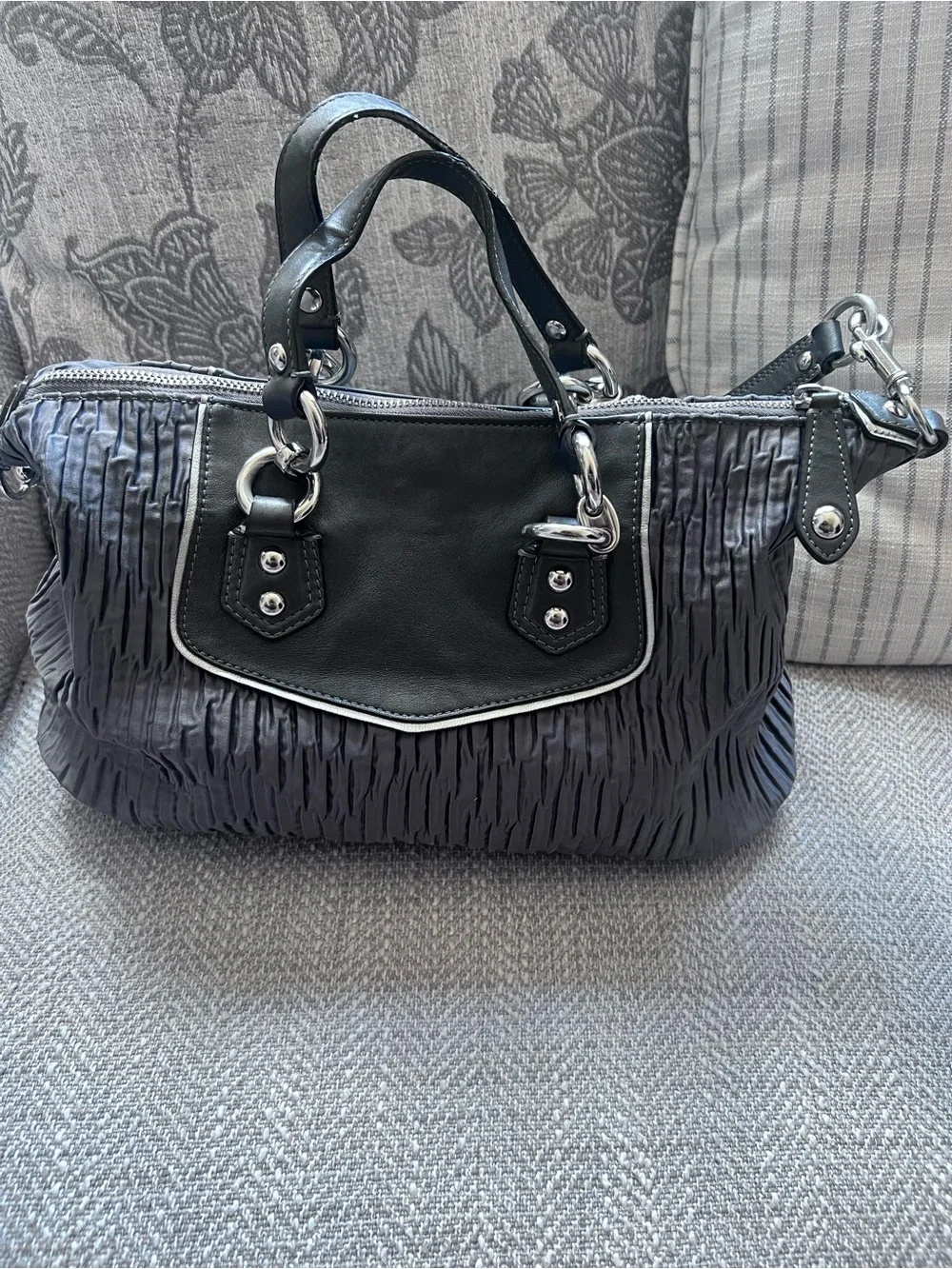 COACH F20084 Ashley Gathered Sateen Satchel Charcoal Gray Silver Hardware